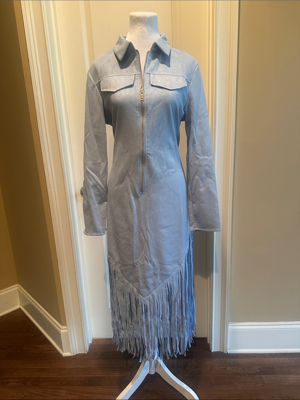 NEW Women's Light Blue Fringe Suede Dress with Zip Front - Picture 2 of 6